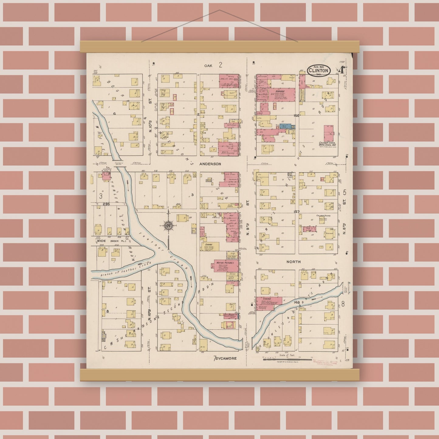 Old map wall art mockup — magnetic wood frame on brick wall — Sanborn Fire Insurance Map from Clinton, Vermillion County, Indiana (1921), Sheet #0004