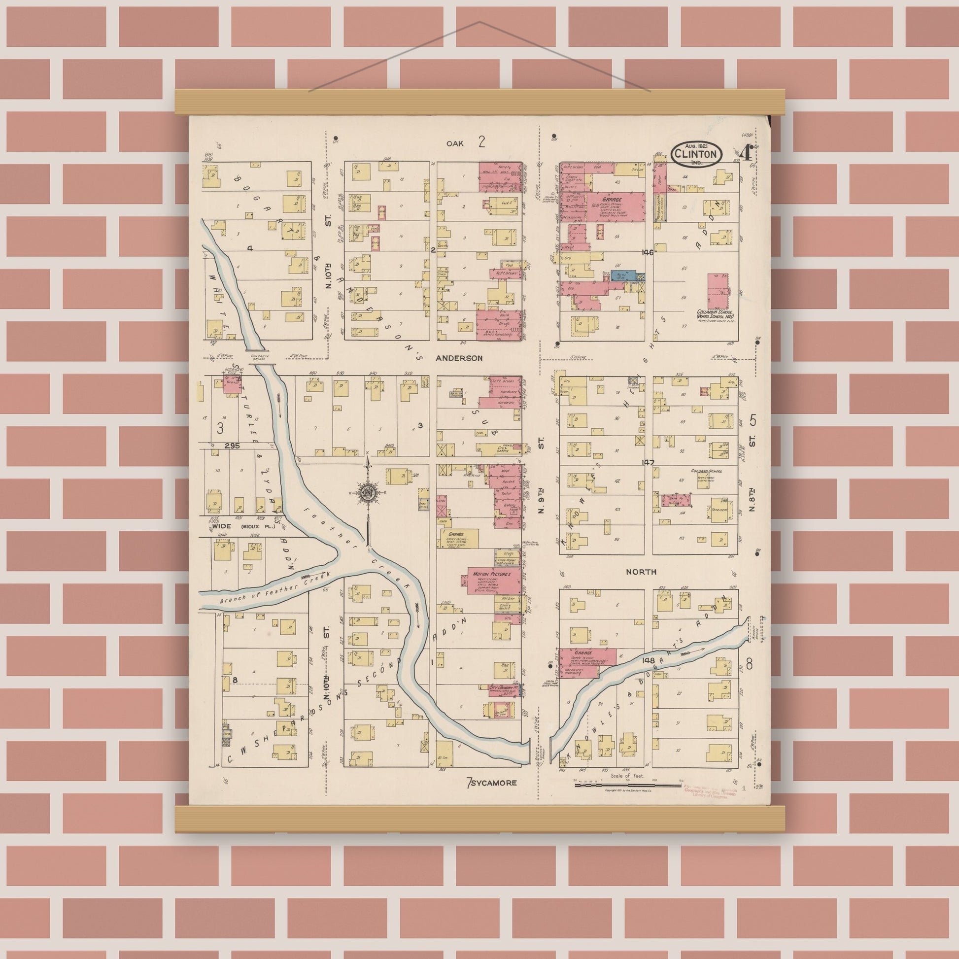 Old map wall art mockup — magnetic wood frame on brick wall — Sanborn Fire Insurance Map from Clinton, Vermillion County, Indiana (1921), Sheet #0004