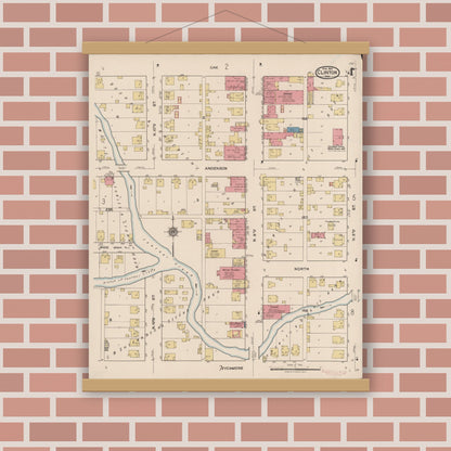 Old map wall art mockup — magnetic wood frame on brick wall — Sanborn Fire Insurance Map from Clinton, Vermillion County, Indiana (1921), Sheet #0004