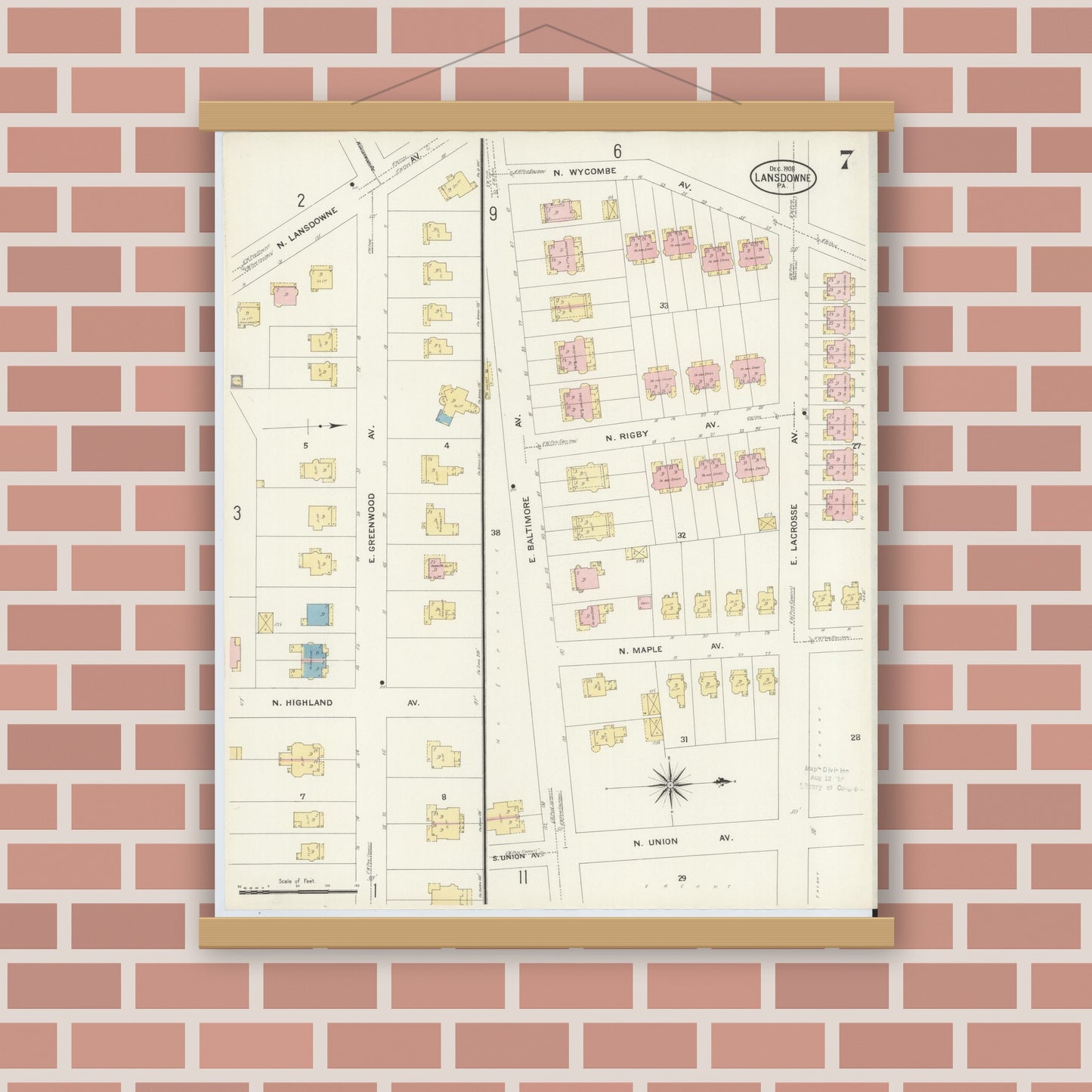Old map wall art mockup — magnetic wood frame on brick wall — Sanborn Fire Insurance Map from Lansdowne, Delaware County, Pennsylvania (1908), Sheet #0007