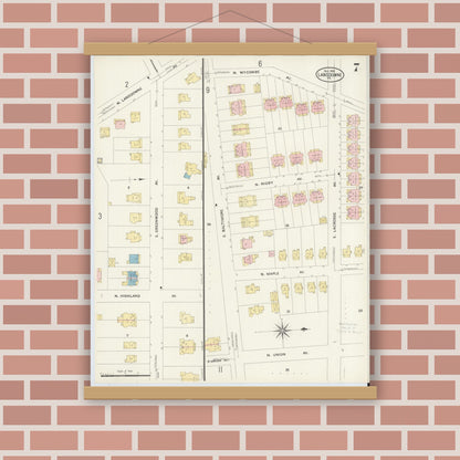 Old map wall art mockup — magnetic wood frame on brick wall — Sanborn Fire Insurance Map from Lansdowne, Delaware County, Pennsylvania (1908), Sheet #0007