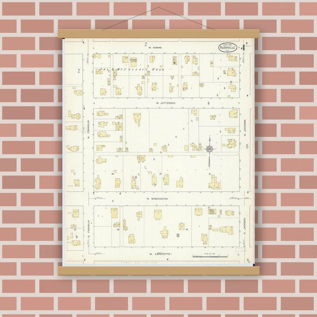 Old map wall art mockup — magnetic wood frame on brick wall — Sanborn Fire Insurance Map from Rushville, Schuyler County, Illinois (1913), Sheet #0004