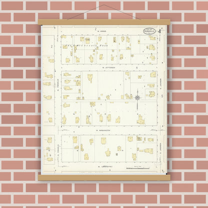 Old map wall art mockup — magnetic wood frame on brick wall — Sanborn Fire Insurance Map from Rushville, Schuyler County, Illinois (1913), Sheet #0004