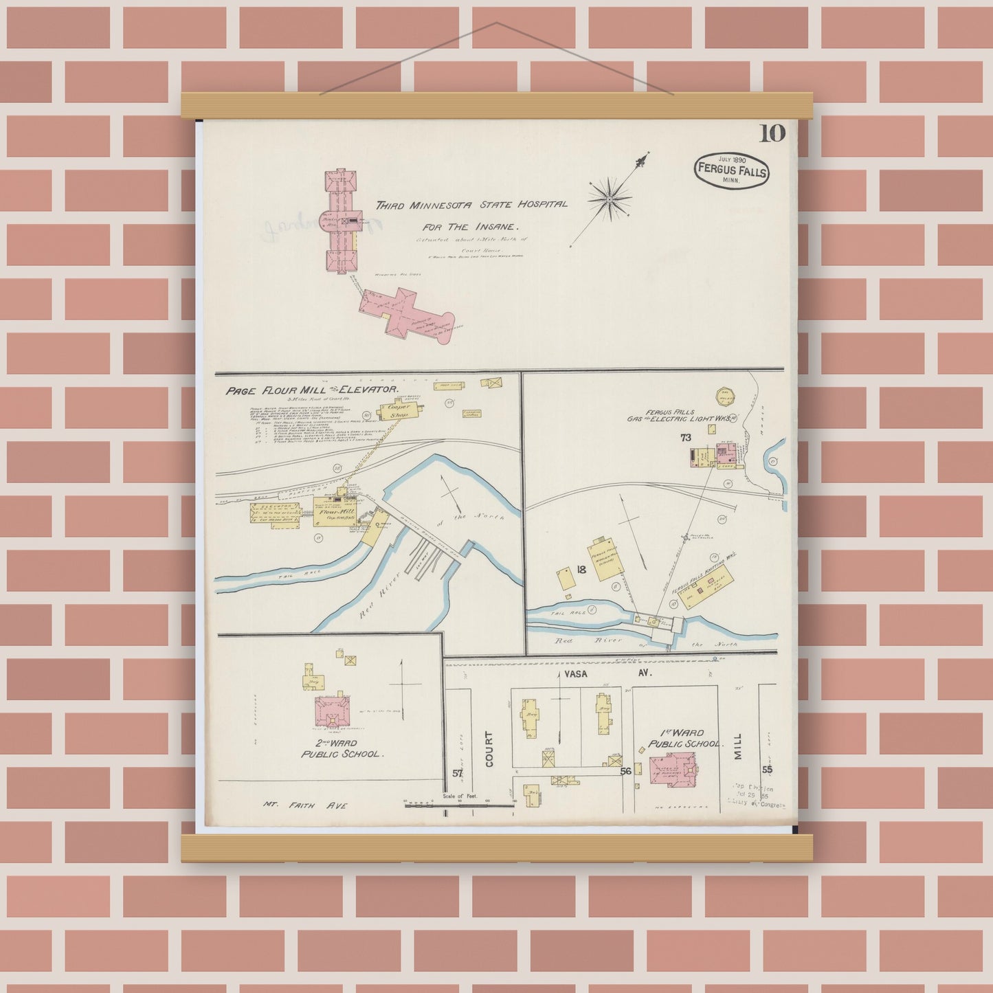 Old map wall art mockup — magnetic wood frame on brick wall — Sanborn Fire Insurance Map from Fergus Falls, Otter Tail County, Minnesota (1890), Sheet #0010