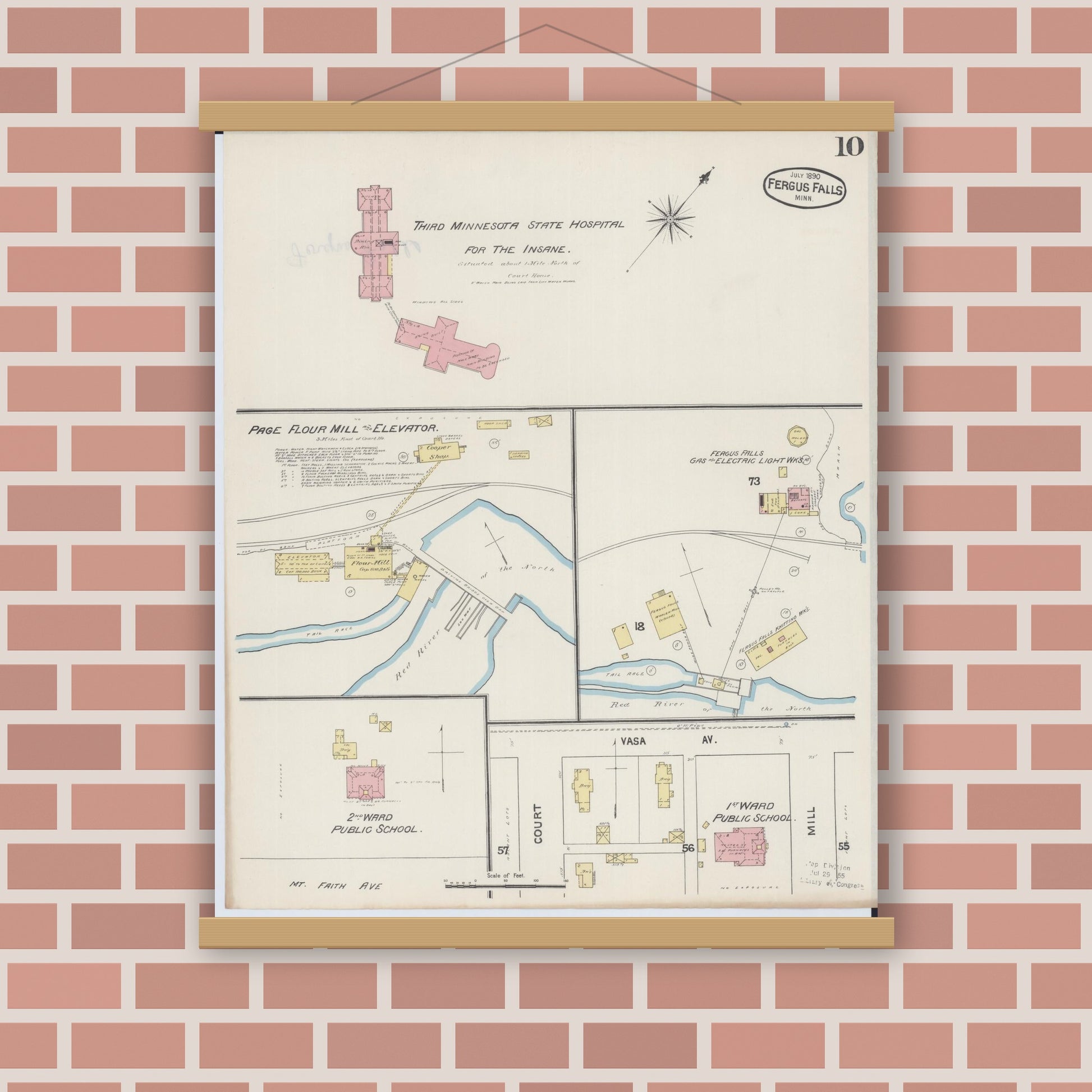 Old map wall art mockup — magnetic wood frame on brick wall — Sanborn Fire Insurance Map from Fergus Falls, Otter Tail County, Minnesota (1890), Sheet #0010