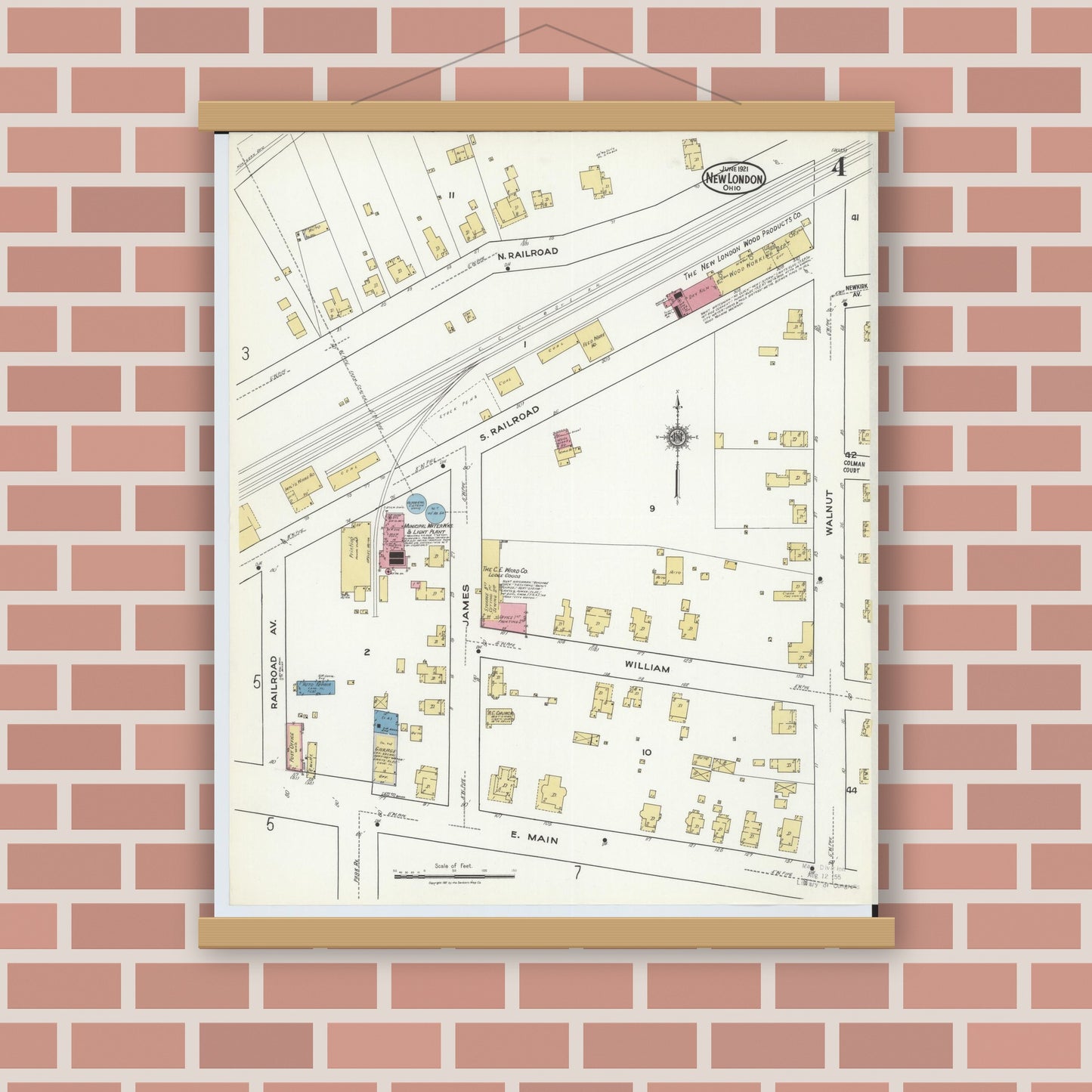 Old map wall art mockup — magnetic wood frame on brick wall — Sanborn Fire Insurance Map from New London, Huron County, Ohio (1921), Sheet #0004