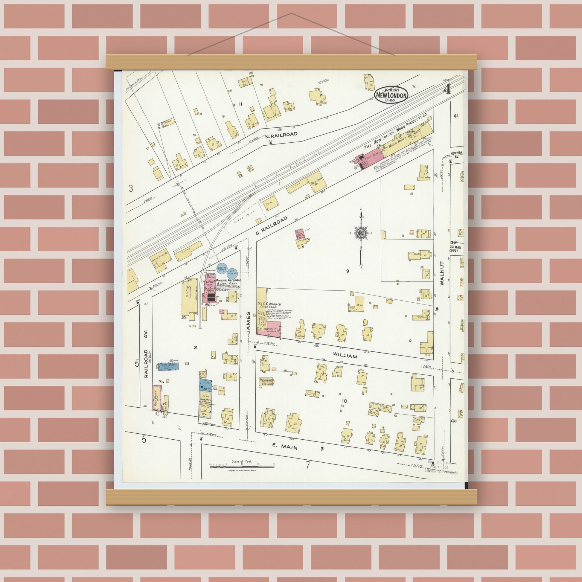 Old map wall art mockup — magnetic wood frame on brick wall — Sanborn Fire Insurance Map from New London, Huron County, Ohio (1921), Sheet #0004