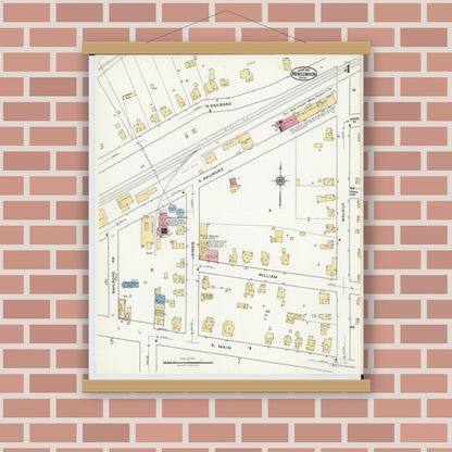 Old map wall art mockup — magnetic wood frame on brick wall — Sanborn Fire Insurance Map from New London, Huron County, Ohio (1921), Sheet #0004