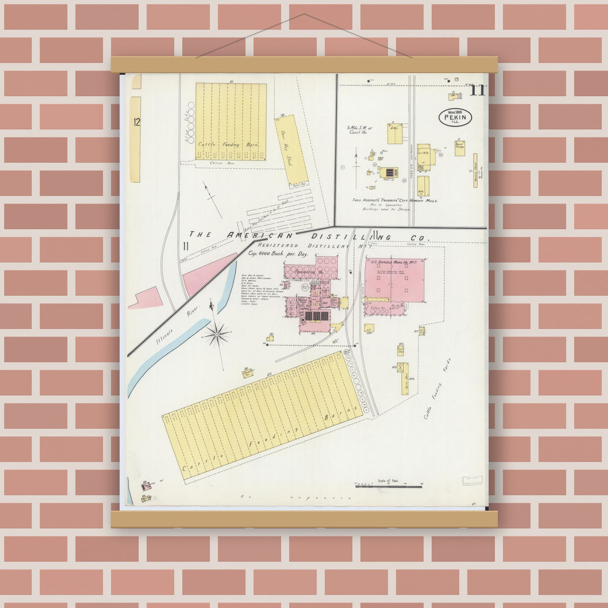 Old map wall art mockup — magnetic wood frame on brick wall — Sanborn Fire Insurance Map from Pekin, Tazewell County, Illinois (1898), Sheet #0011