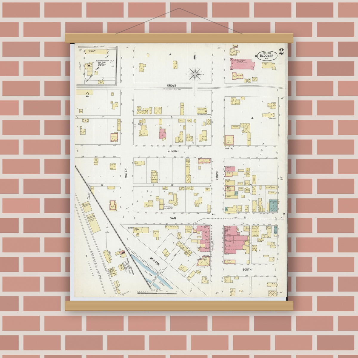 Old map wall art mockup — magnetic wood frame on brick wall — Sanborn Fire Insurance Map from Bloomer, Chippewa County, Wisconsin (1902) - Complete Map Set
