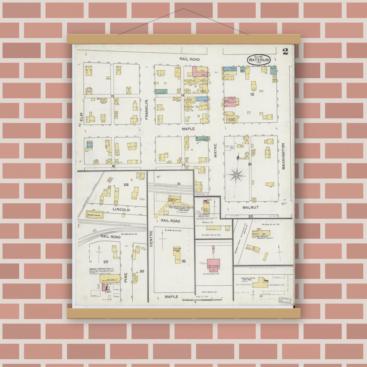 Old map wall art mockup — magnetic wood frame on brick wall — Sanborn Fire Insurance Map from Waterloo, De Kalb County, Indiana (1892), Sheet #0002