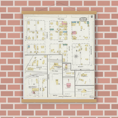 Old map wall art mockup — magnetic wood frame on brick wall — Sanborn Fire Insurance Map from Waterloo, De Kalb County, Indiana (1892), Sheet #0002