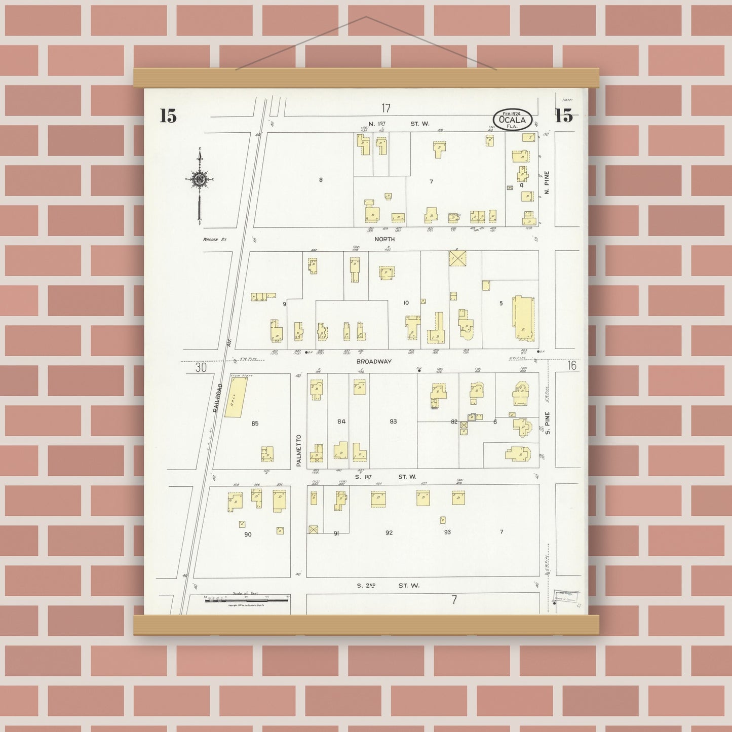 Old map wall art mockup — magnetic wood frame on brick wall — Sanborn Fire Insurance Map from Ocala, Marion County, Florida (1924), Sheet #0015