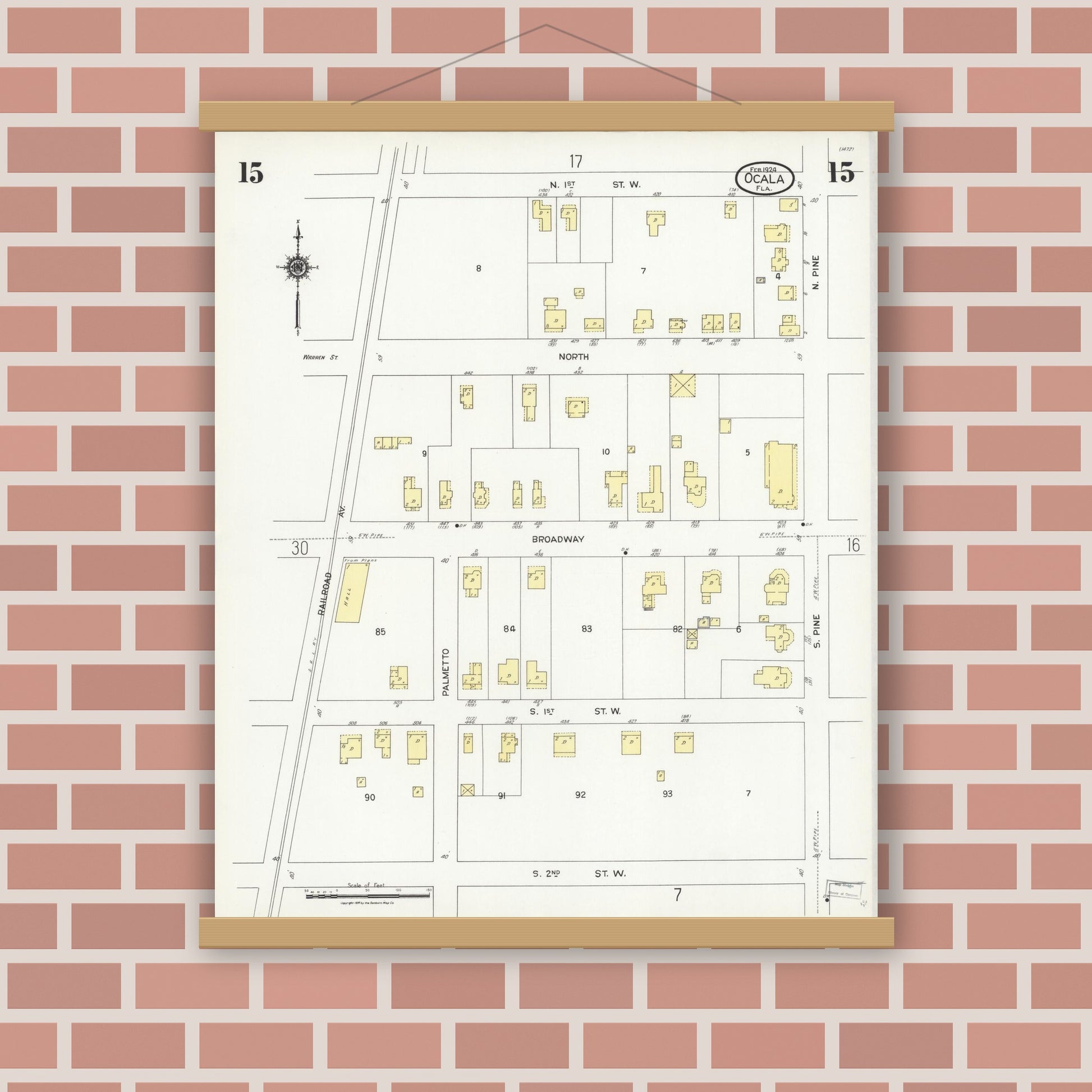 Old map wall art mockup — magnetic wood frame on brick wall — Sanborn Fire Insurance Map from Ocala, Marion County, Florida (1924), Sheet #0015