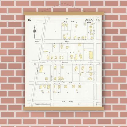 Old map wall art mockup — magnetic wood frame on brick wall — Sanborn Fire Insurance Map from Ocala, Marion County, Florida (1924), Sheet #0015