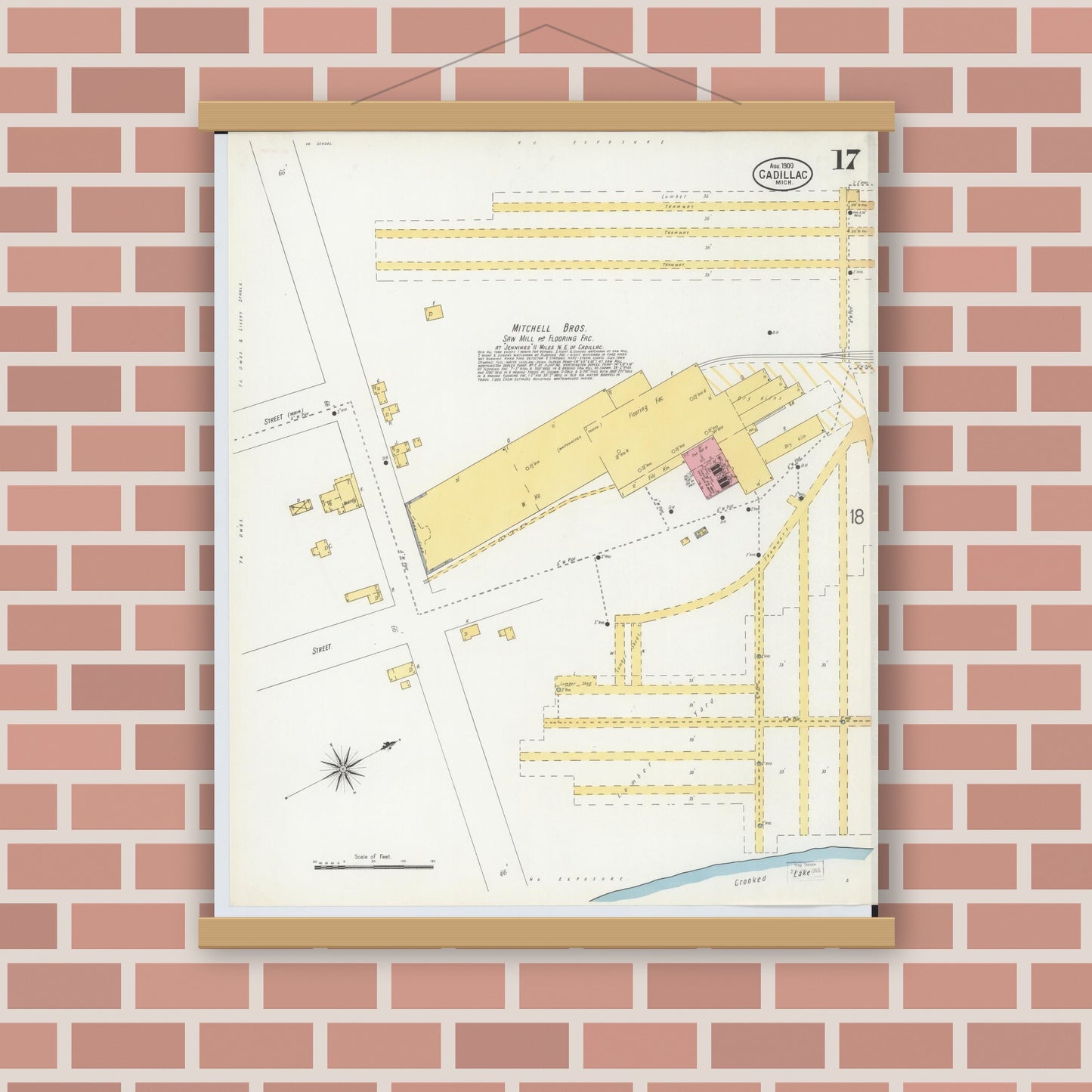 Old map wall art mockup — magnetic wood frame on brick wall — Sanborn Fire Insurance Map from Cadillac, Wexford County, Michigan (1900), Sheet #0017