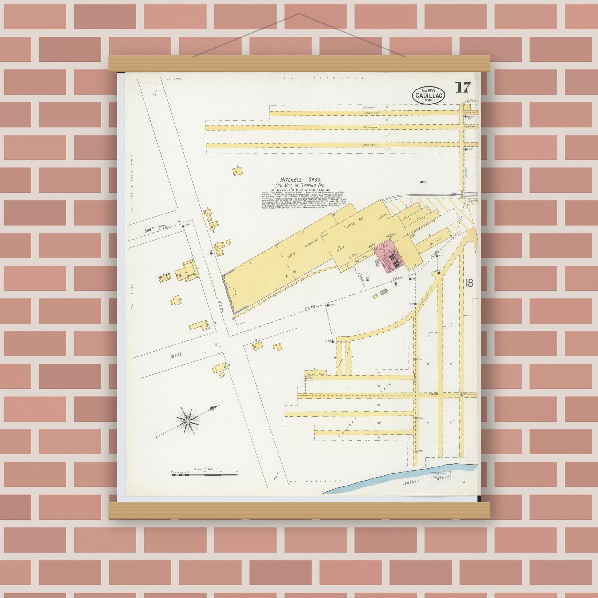 Old map wall art mockup — magnetic wood frame on brick wall — Sanborn Fire Insurance Map from Cadillac, Wexford County, Michigan (1900), Sheet #0017