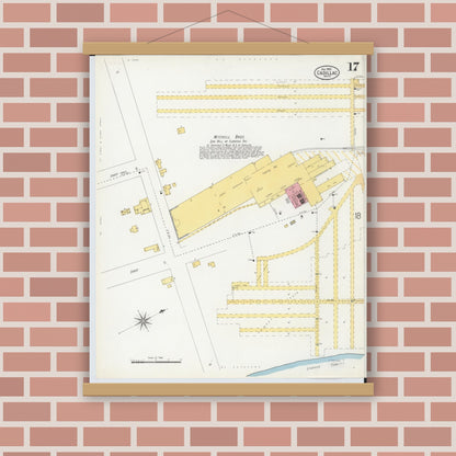 Old map wall art mockup — magnetic wood frame on brick wall — Sanborn Fire Insurance Map from Cadillac, Wexford County, Michigan (1900), Sheet #0017