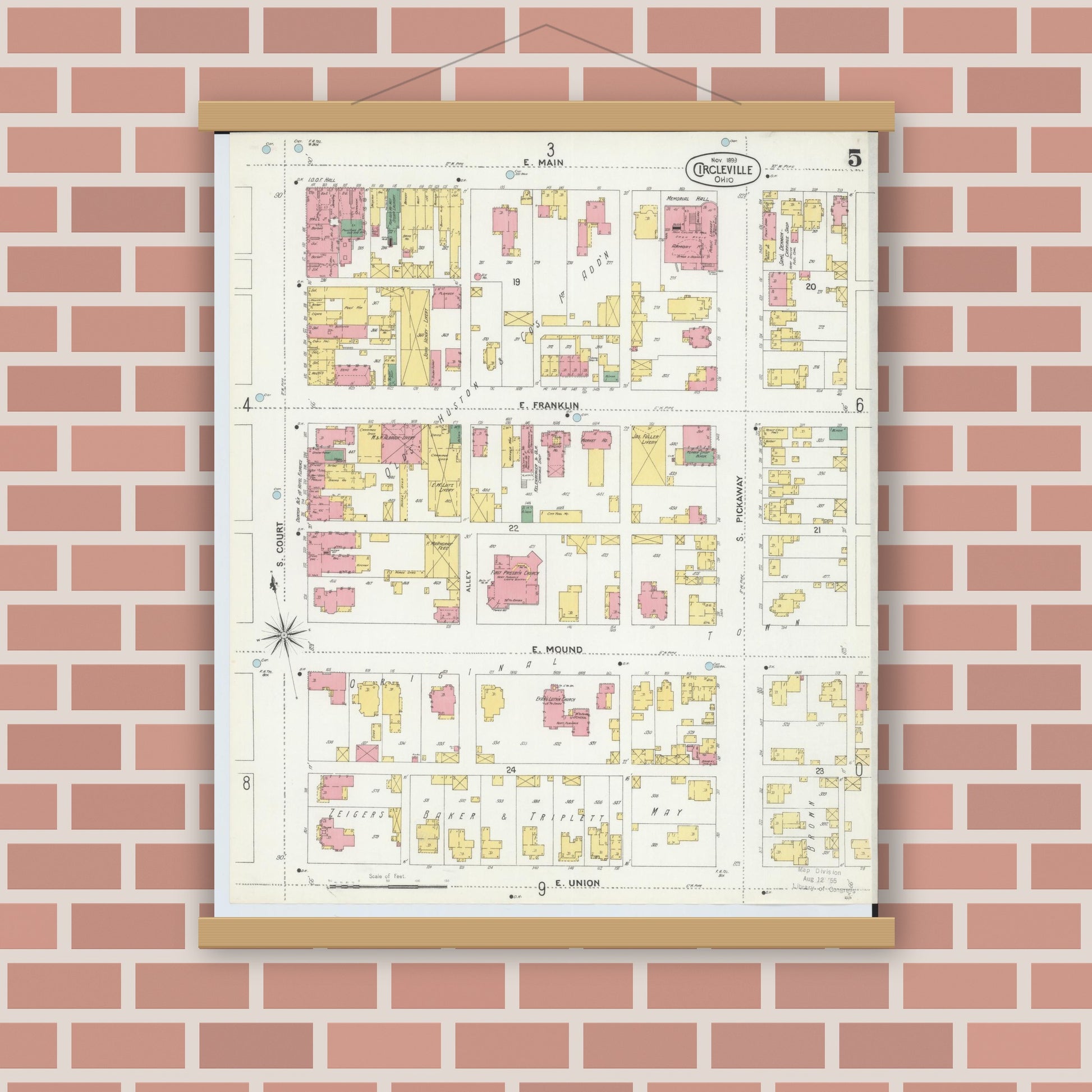 Old map wall art mockup — magnetic wood frame on brick wall — Sanborn Fire Insurance Map from Circleville, Pickaway County, Ohio (1899), Sheet #0005