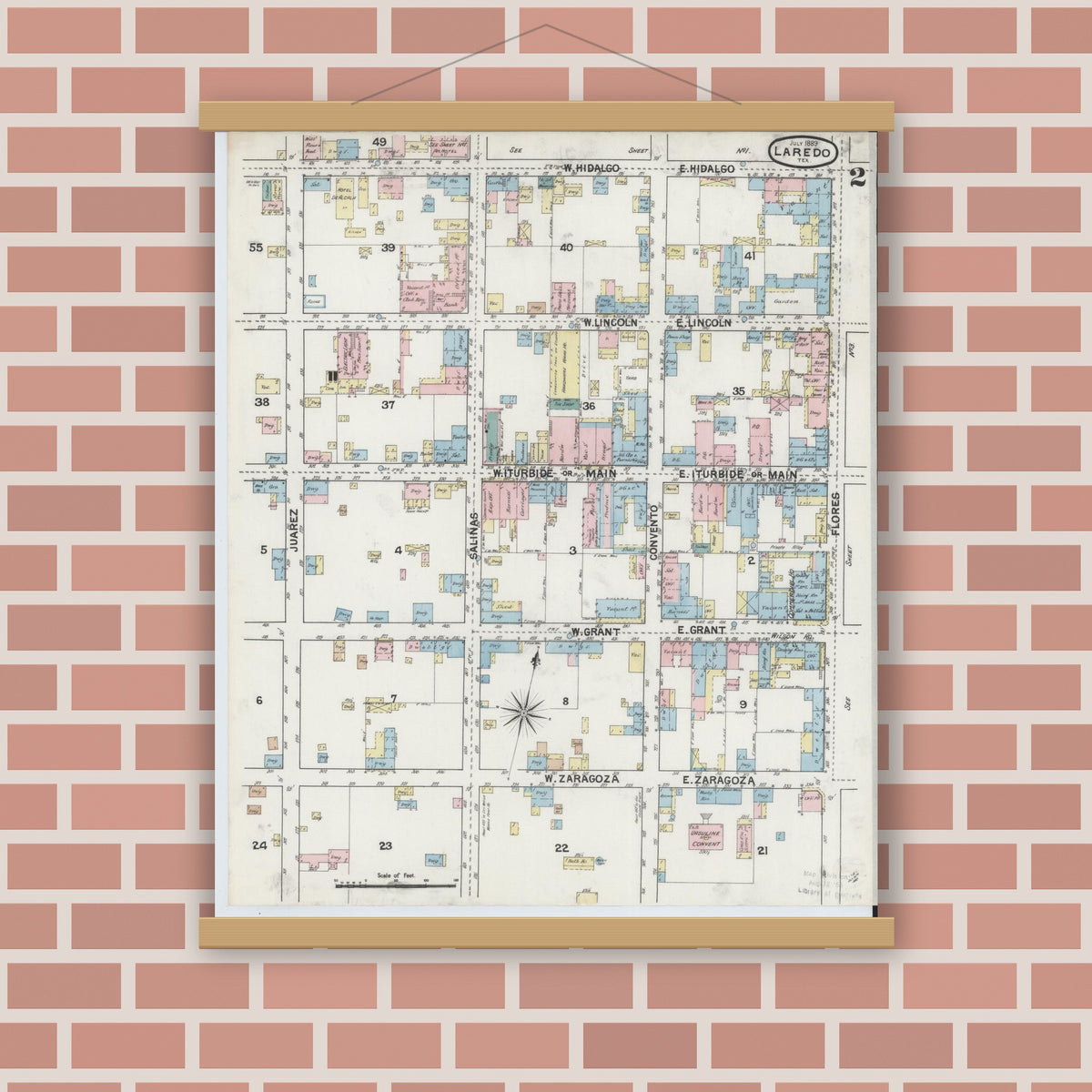 Old map wall art mockup — magnetic wood frame on brick wall — Sanborn Fire Insurance Map from Laredo, Webb County, Texas (1889), Sheet #0002