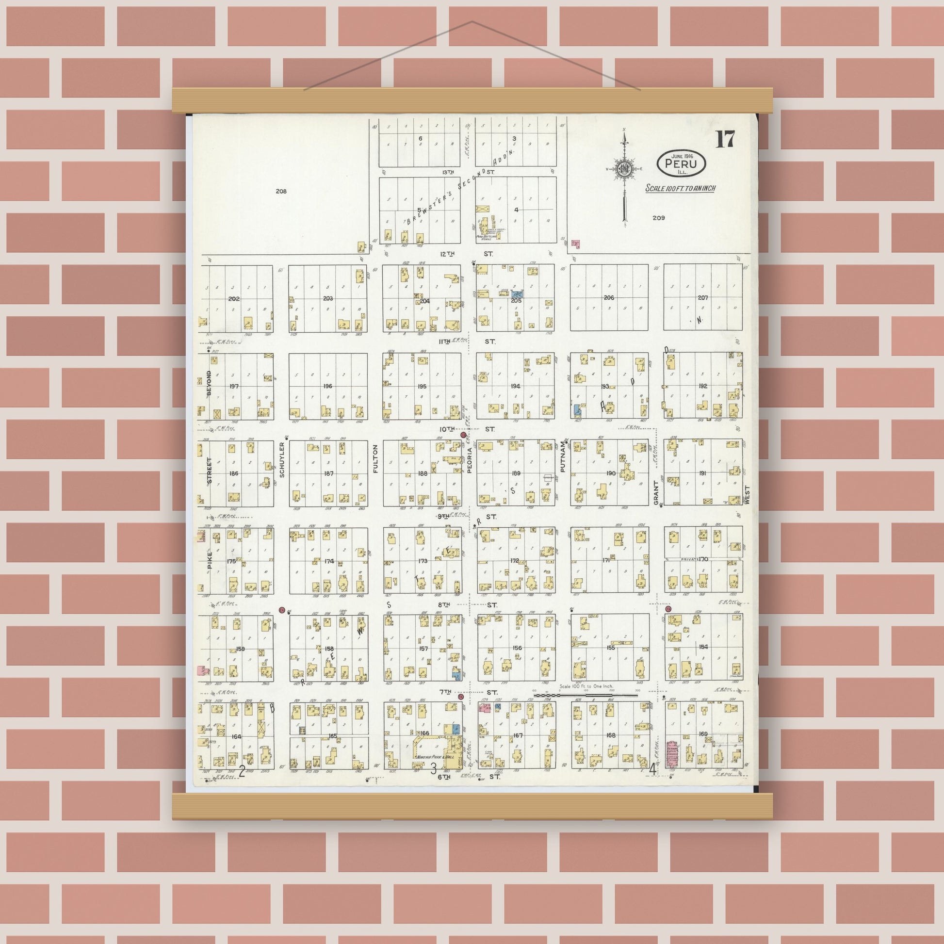 Old map wall art mockup — magnetic wood frame on brick wall — Sanborn Fire Insurance Map from Peru, La Salle County, Illinois (1916), Sheet #0017