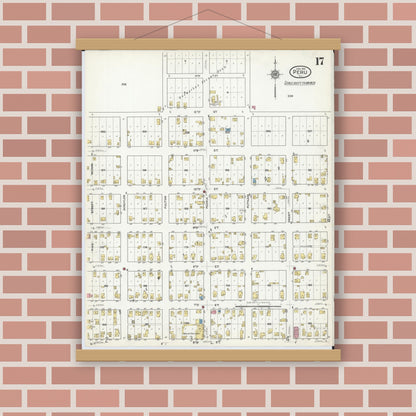 Old map wall art mockup — magnetic wood frame on brick wall — Sanborn Fire Insurance Map from Peru, La Salle County, Illinois (1916), Sheet #0017