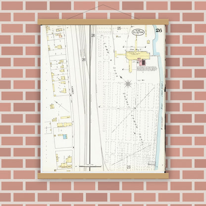 Old map wall art mockup — magnetic wood frame on brick wall — Sanborn Fire Insurance Map from Clinton, Clinton County, Iowa (1897), Sheet #0026