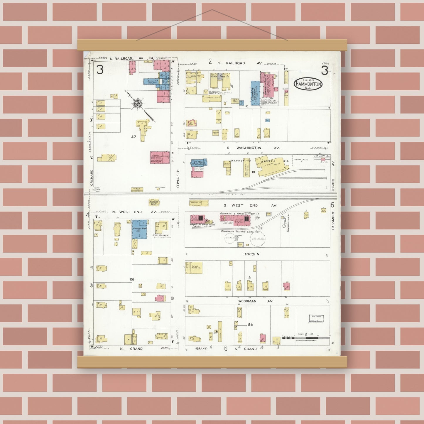 Old map wall art mockup — magnetic wood frame on brick wall — Sanborn Fire Insurance Map from Hammonton, Atlantic County, New Jersey (1923), Sheet #0003
