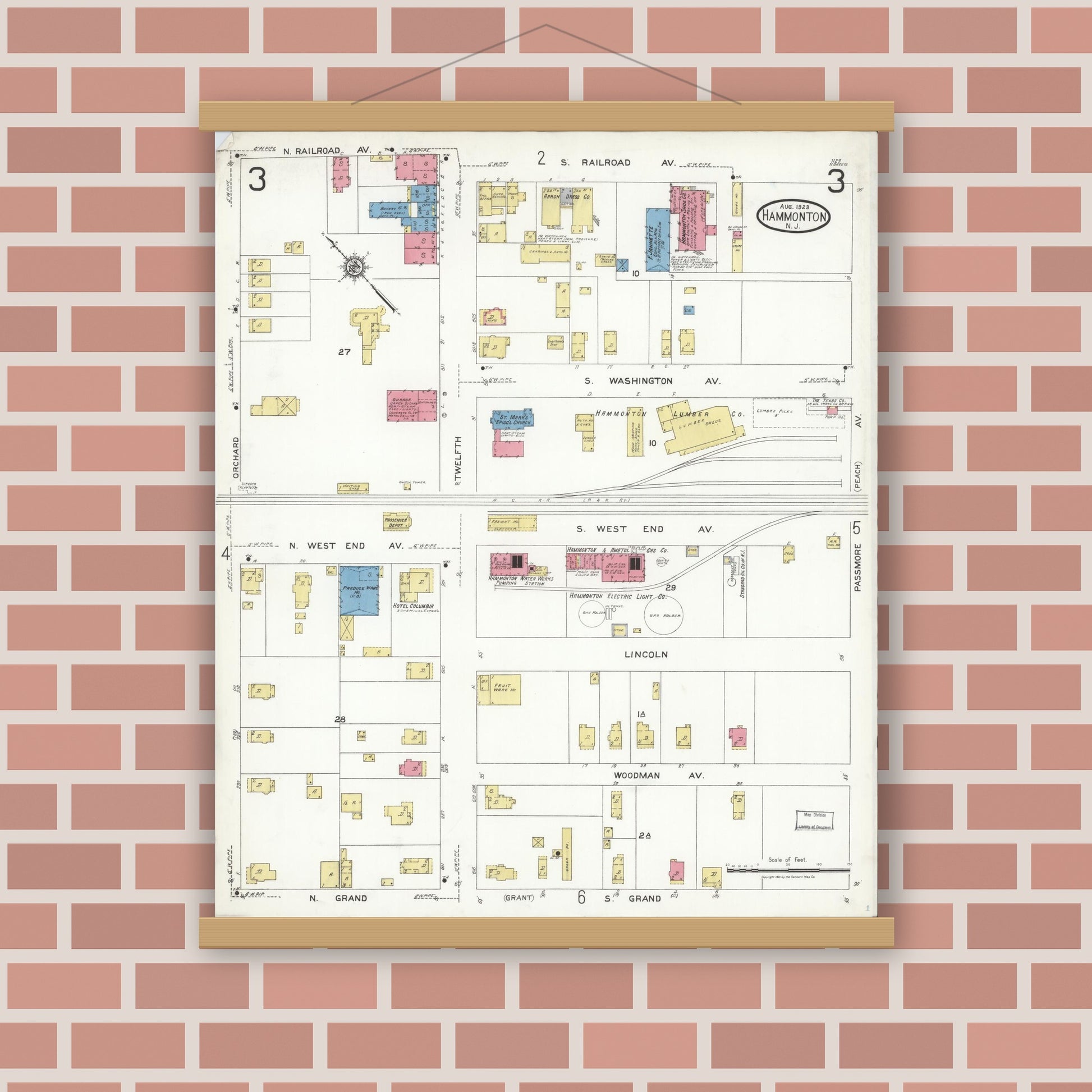 Old map wall art mockup — magnetic wood frame on brick wall — Sanborn Fire Insurance Map from Hammonton, Atlantic County, New Jersey (1923), Sheet #0003