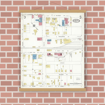 Old map wall art mockup — magnetic wood frame on brick wall — Sanborn Fire Insurance Map from Hammonton, Atlantic County, New Jersey (1923), Sheet #0003