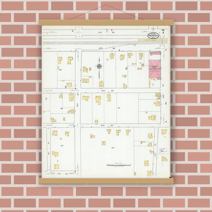 Old map wall art mockup — magnetic wood frame on brick wall — Sanborn Fire Insurance Map from Hickory, Catawba County, North Carolina (1919), Sheet #0007