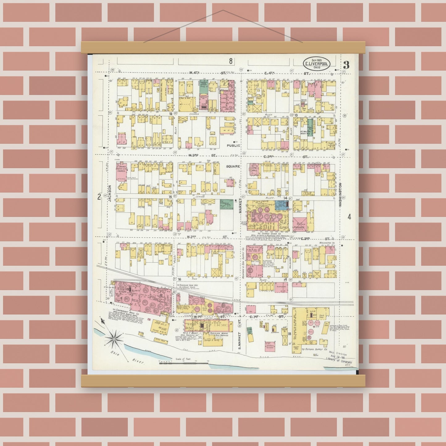 Old map wall art mockup — magnetic wood frame on brick wall — Sanborn Fire Insurance Map from East Liverpool, Columbiana County, Ohio (1903), Sheet #0003