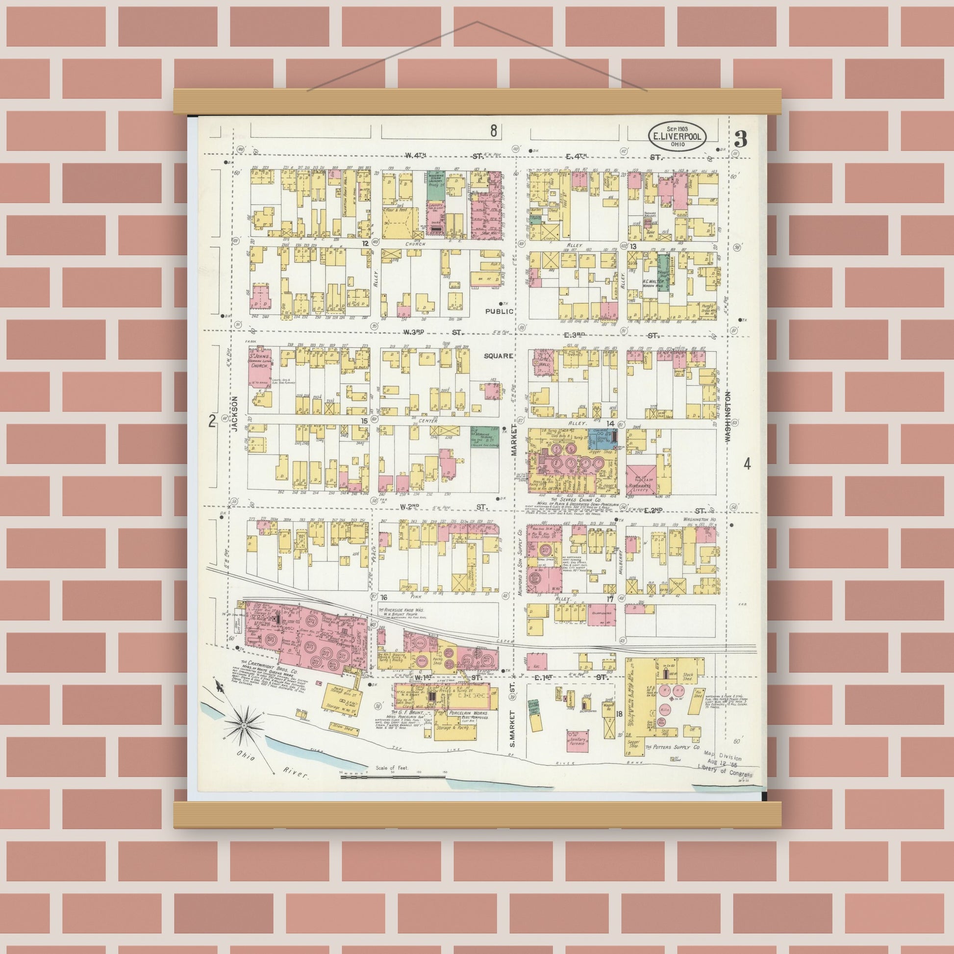 Old map wall art mockup — magnetic wood frame on brick wall — Sanborn Fire Insurance Map from East Liverpool, Columbiana County, Ohio (1903), Sheet #0003