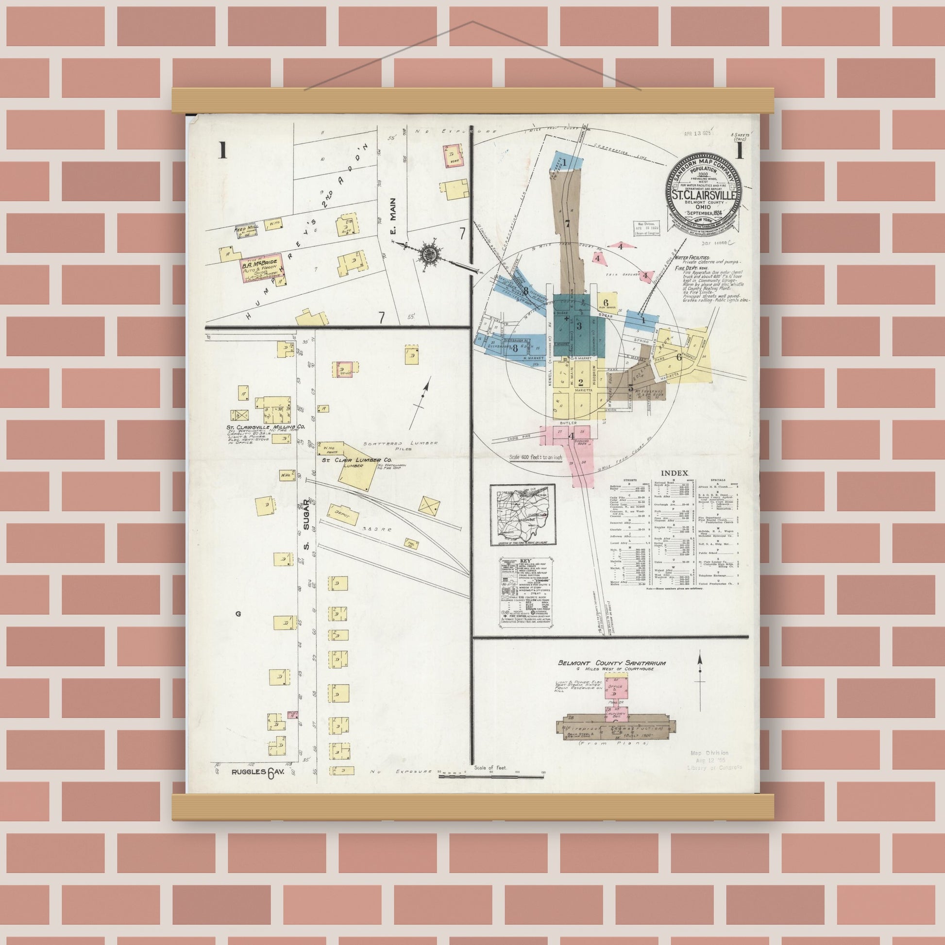 Old map wall art mockup — magnetic wood frame on brick wall — Sanborn Fire Insurance Map from Saint Clairsville, Belmont County, Ohio (1924) - Complete Map Set