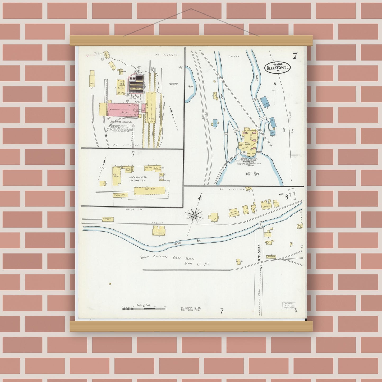 Old map wall art mockup — magnetic wood frame on brick wall — Sanborn Fire Insurance Map from Bellefonte, Centre County, Pennsylvania (1904), Sheet #0007