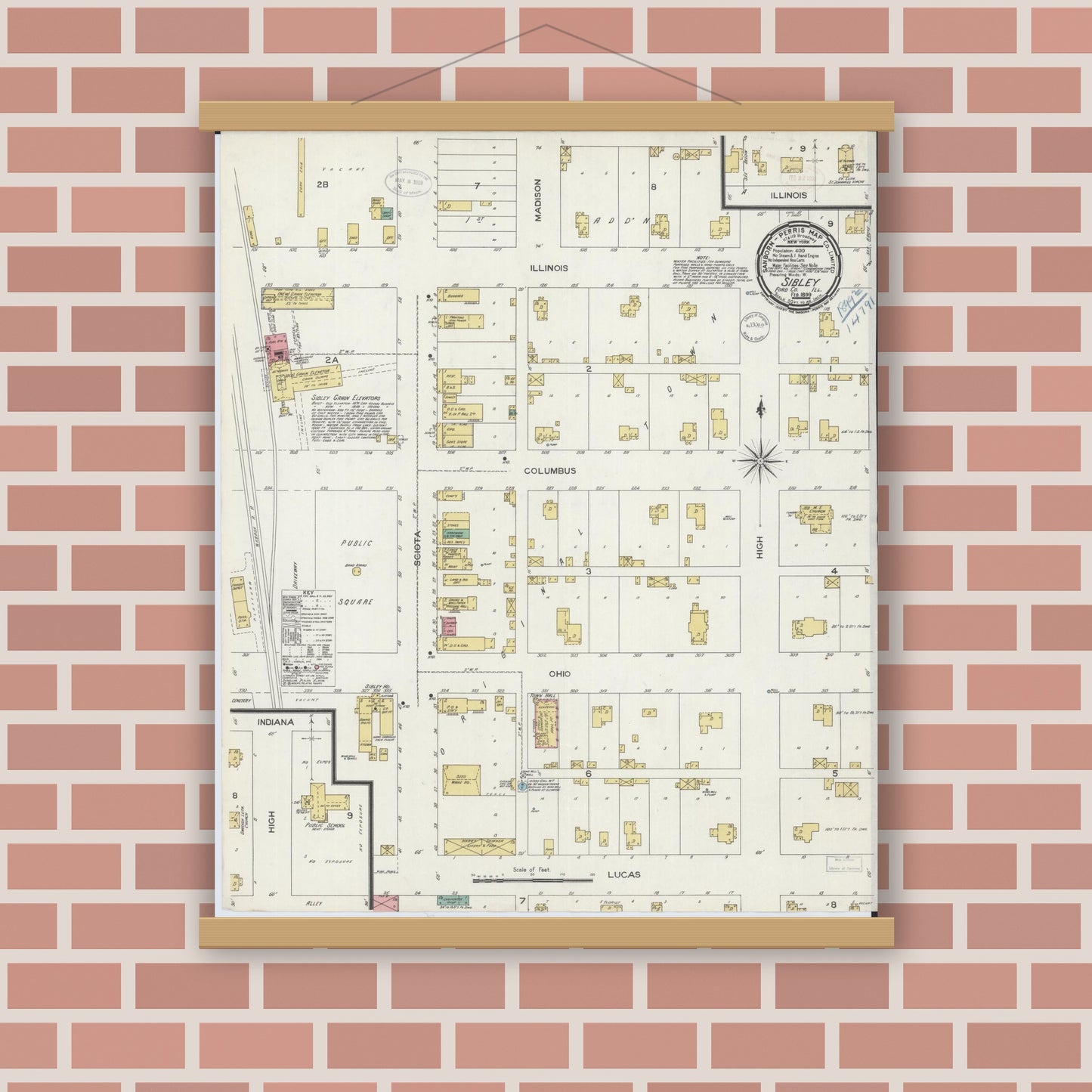 Old map wall art mockup — magnetic wood frame on brick wall — Sanborn Fire Insurance Map from Sibley, Ford County, Illinois (1899), Sheet #0001
