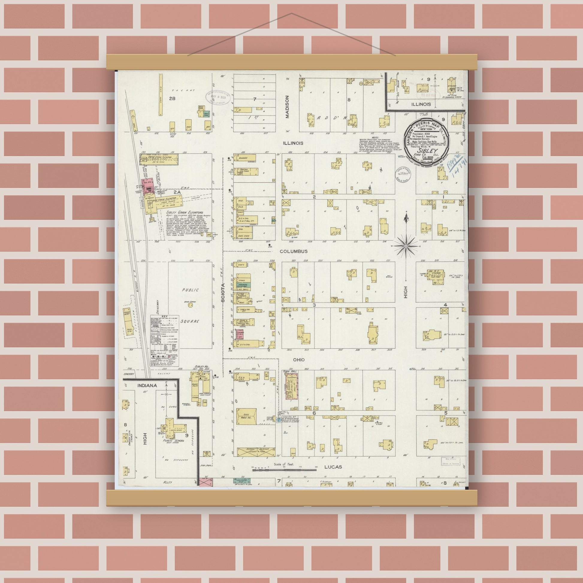 Old map wall art mockup — magnetic wood frame on brick wall — Sanborn Fire Insurance Map from Sibley, Ford County, Illinois (1899), Sheet #0001