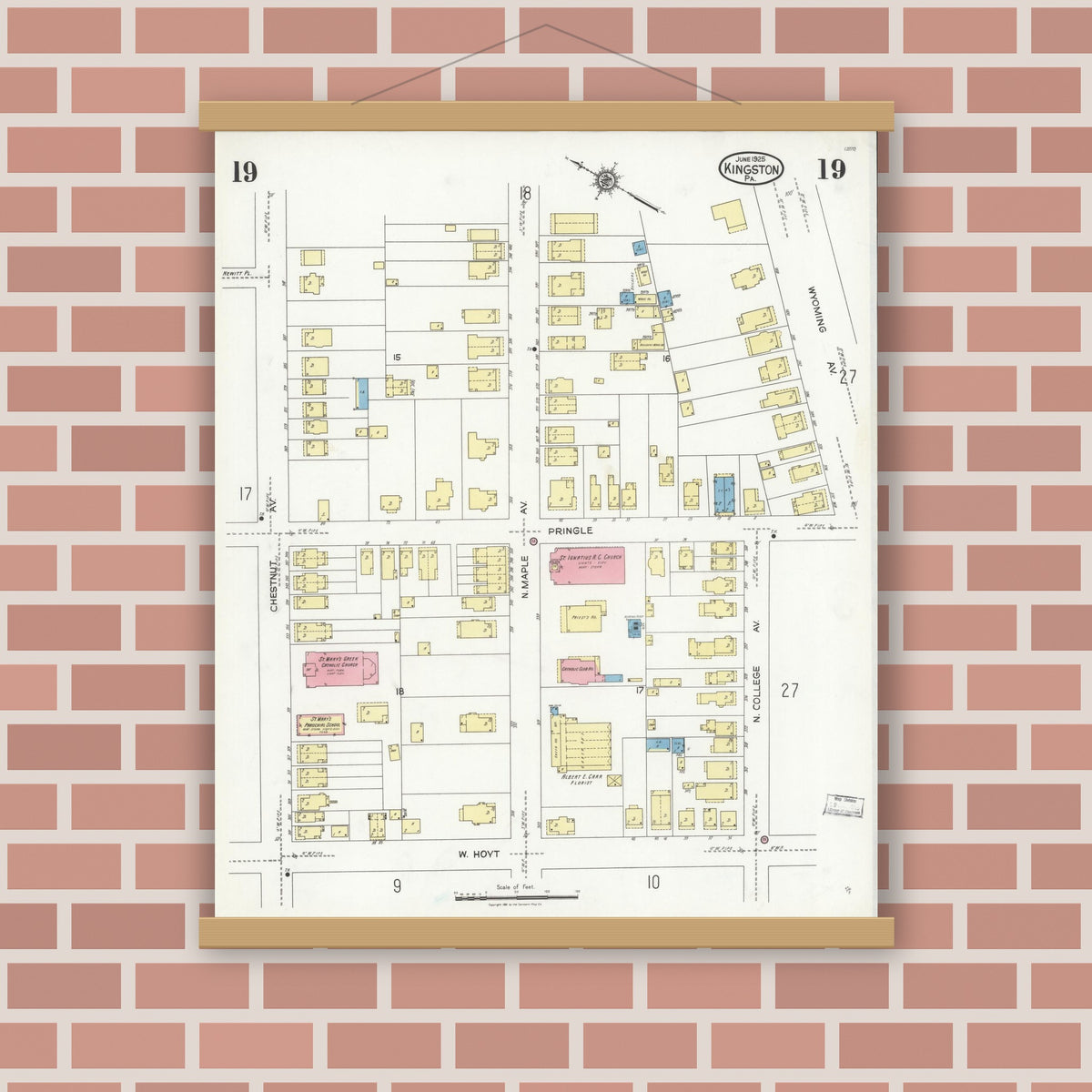 Old map wall art mockup — magnetic wood frame on brick wall — Sanborn Fire Insurance Map from Kingston, Luzerne County, Pennsylvania (1925), Sheet #0019