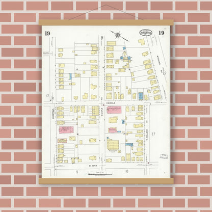 Old map wall art mockup — magnetic wood frame on brick wall — Sanborn Fire Insurance Map from Kingston, Luzerne County, Pennsylvania (1925), Sheet #0019