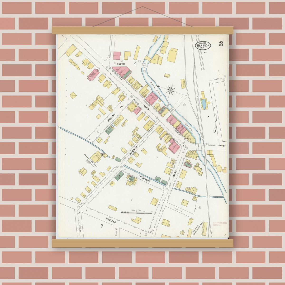 Old map wall art mockup — magnetic wood frame on brick wall — Sanborn Fire Insurance Map from Warwick, Orange County, New York (1900), Sheet #0003