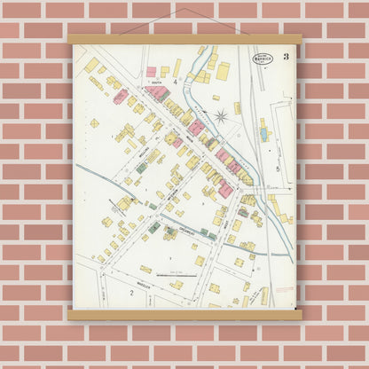 Old map wall art mockup — magnetic wood frame on brick wall — Sanborn Fire Insurance Map from Warwick, Orange County, New York (1900), Sheet #0003