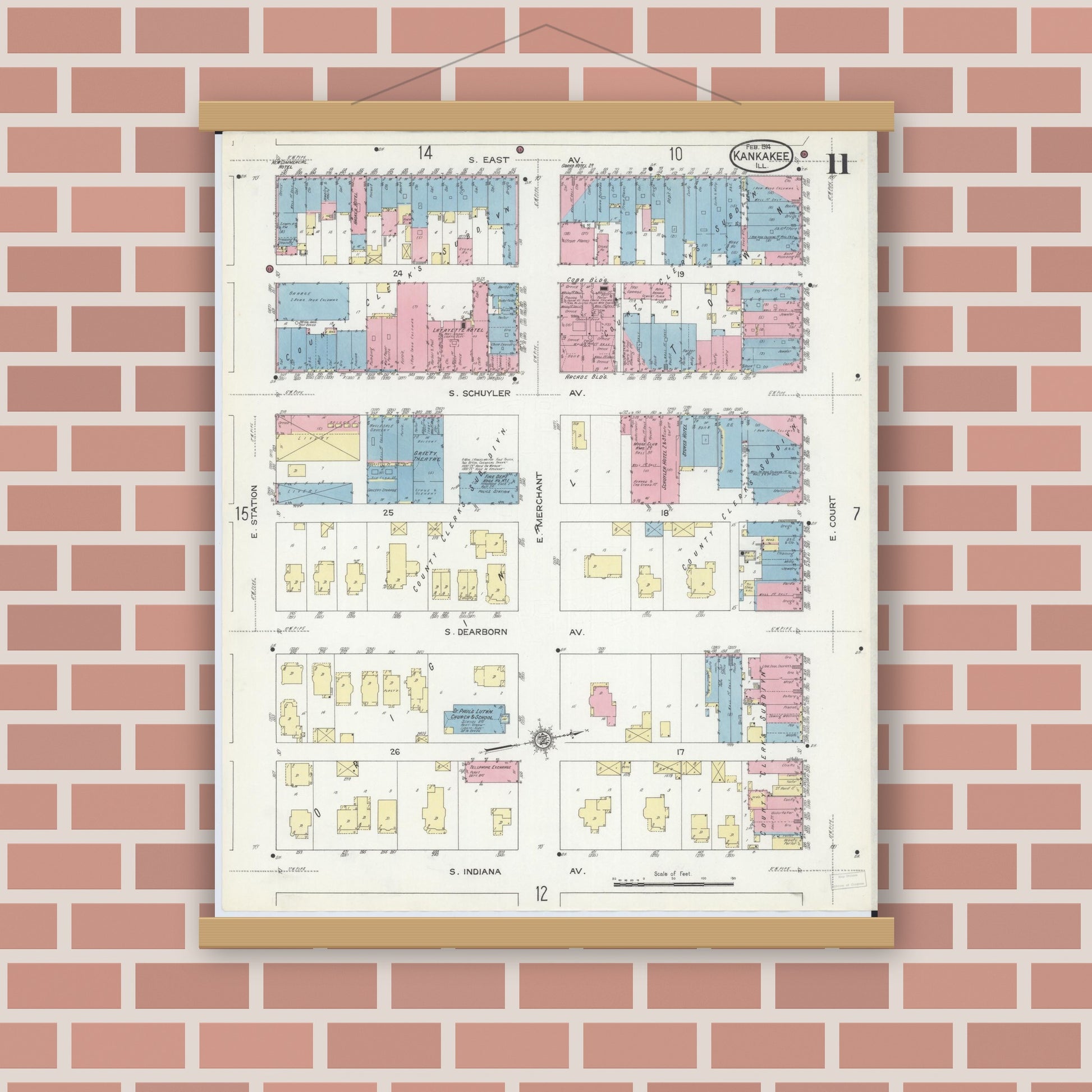 Old map wall art mockup — magnetic wood frame on brick wall — Sanborn Fire Insurance Map from Kankakee, Kankakee County, Illinois (1914), Sheet #0011