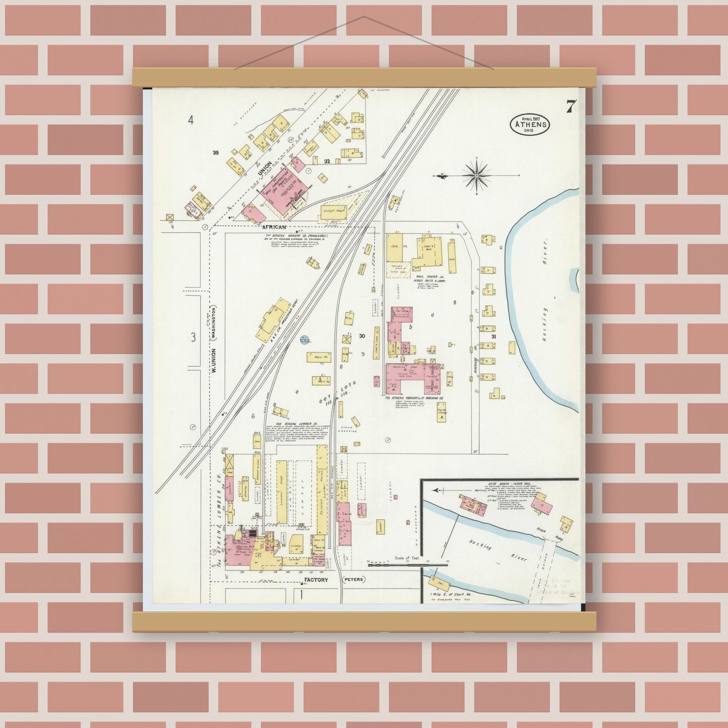 Old map wall art mockup — magnetic wood frame on brick wall — Sanborn Fire Insurance Map from Athens, Athens County, Ohio (1907), Sheet #0007