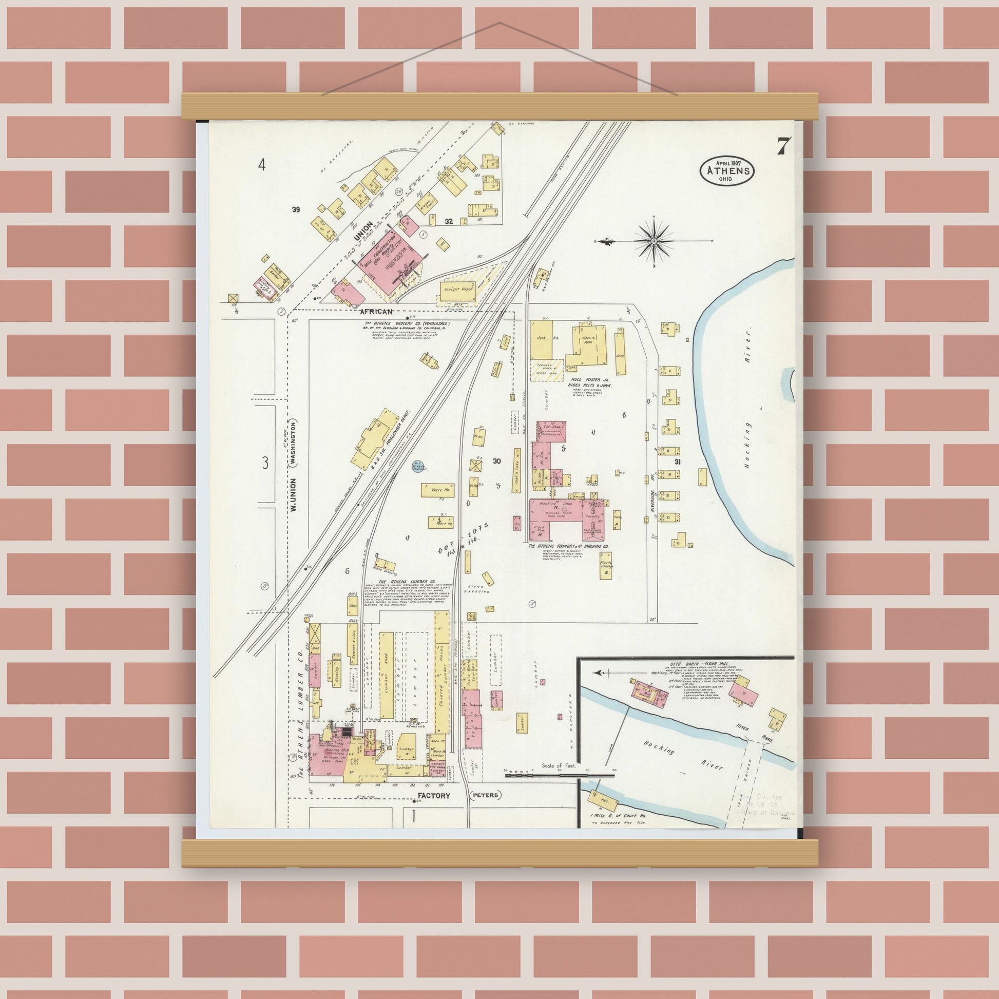 Old map wall art mockup — magnetic wood frame on brick wall — Sanborn Fire Insurance Map from Athens, Athens County, Ohio (1907), Sheet #0007