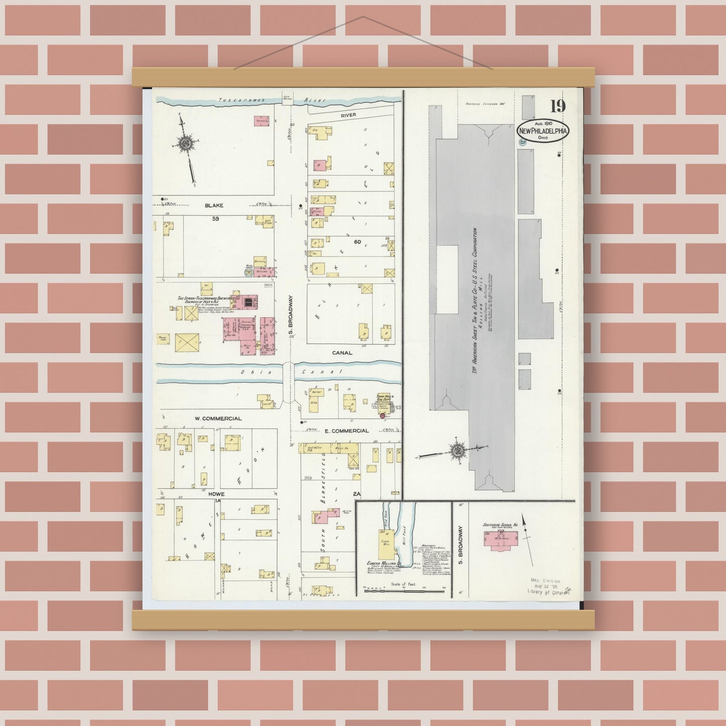 Old map wall art mockup — magnetic wood frame on brick wall — Sanborn Fire Insurance Map from New Philadelphia, Tuscarawas County, Ohio (1910), Sheet #0019