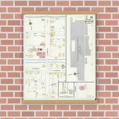 Old map wall art mockup — magnetic wood frame on brick wall — Sanborn Fire Insurance Map from New Philadelphia, Tuscarawas County, Ohio (1910), Sheet #0019