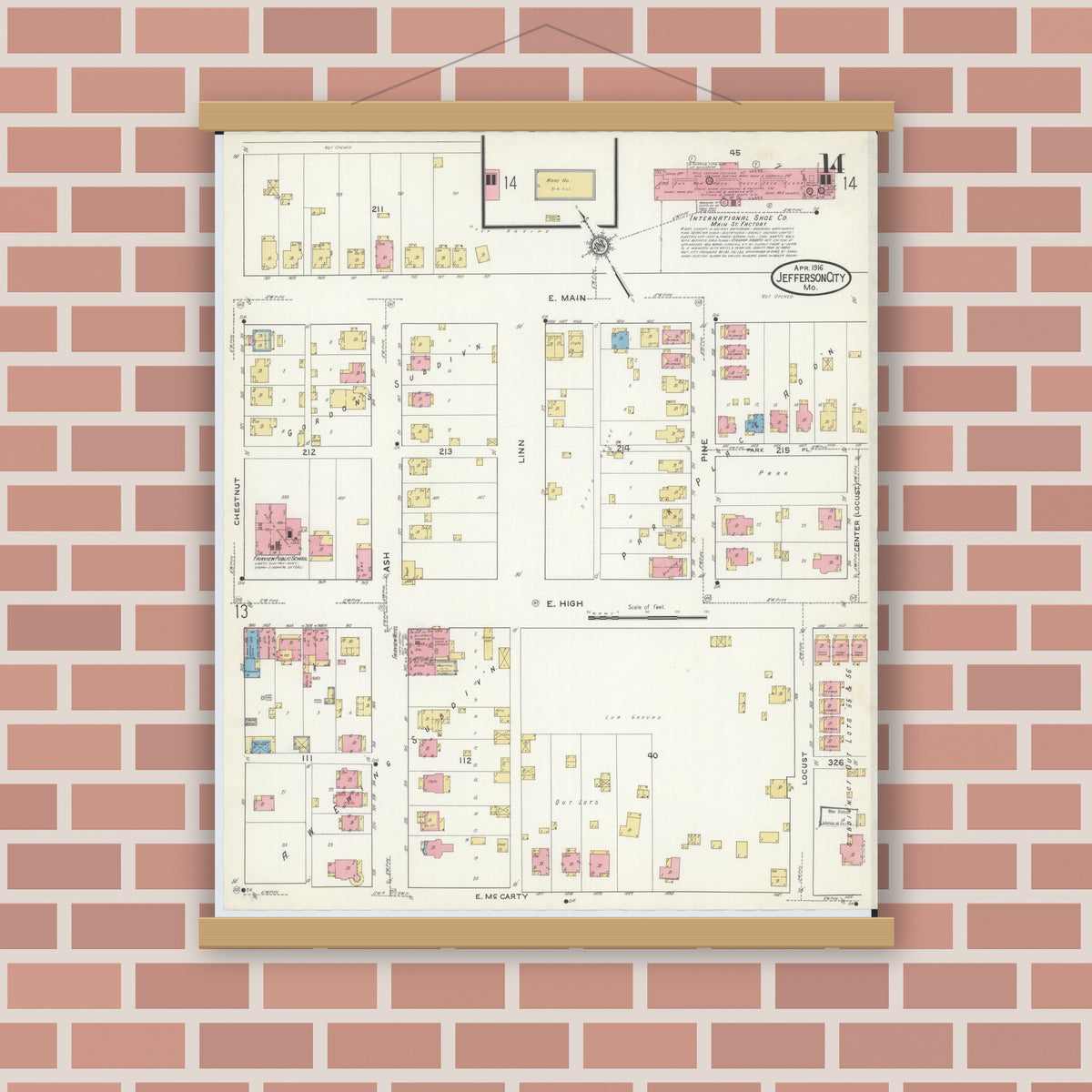 Old map wall art mockup — magnetic wood frame on brick wall — Sanborn Fire Insurance Map from Jefferson City, Cole County, Missouri (1916), Sheet #0014