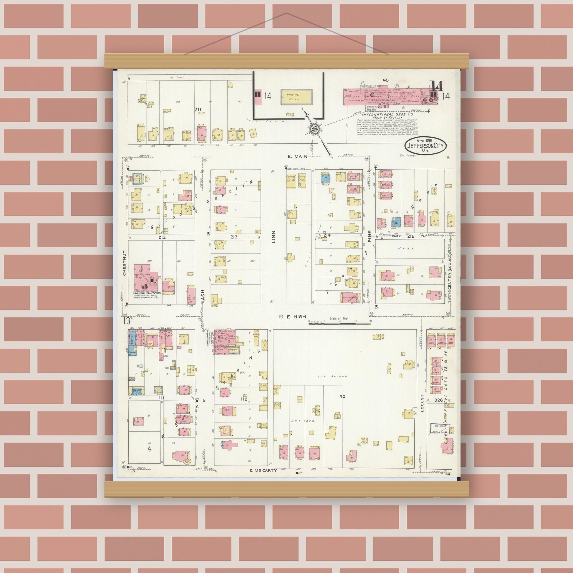 Old map wall art mockup — magnetic wood frame on brick wall — Sanborn Fire Insurance Map from Jefferson City, Cole County, Missouri (1916), Sheet #0014