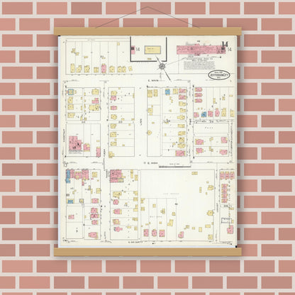 Old map wall art mockup — magnetic wood frame on brick wall — Sanborn Fire Insurance Map from Jefferson City, Cole County, Missouri (1916), Sheet #0014