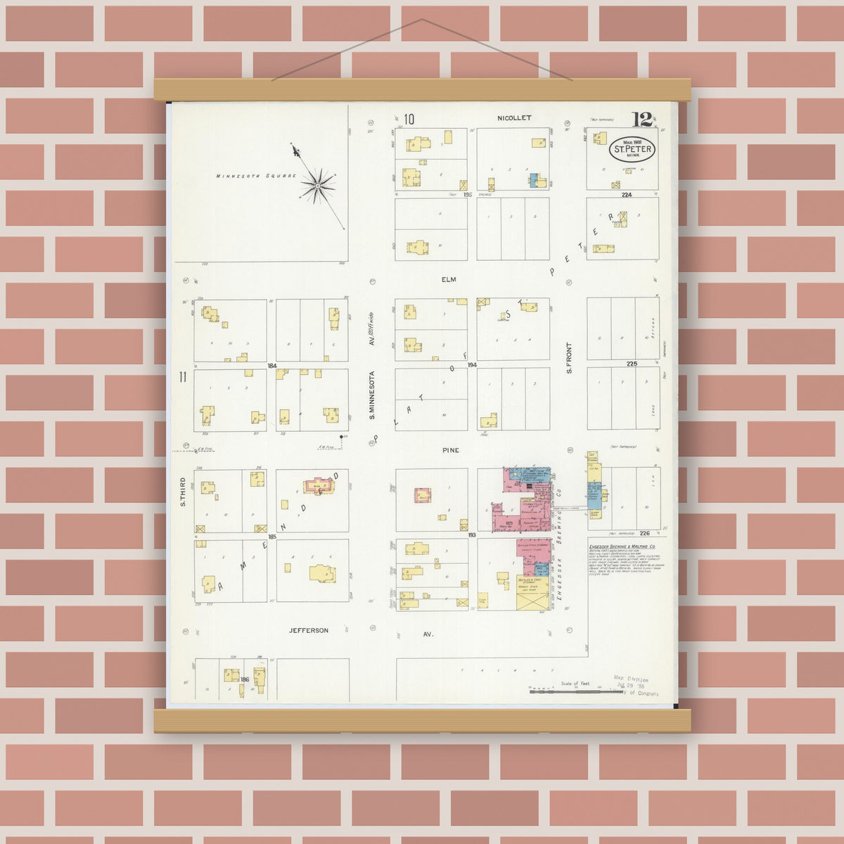 Old map wall art mockup — magnetic wood frame on brick wall — Sanborn Fire Insurance Map from Saint Peter, Nicollet County, Minnesota (1908), Sheet #0012